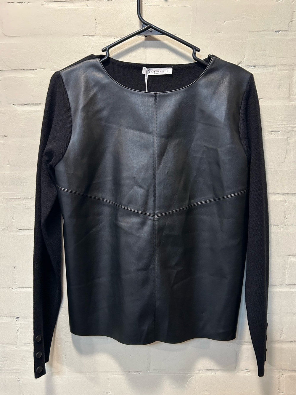Sioni Black Faux Leather Panel Long-Sleeve Sweater Top Size M
